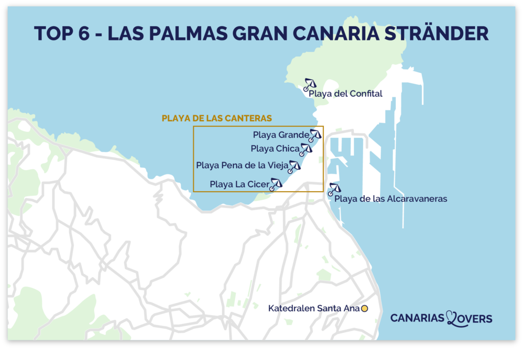 Karta över stränder i Las Palmas Gran Canaria