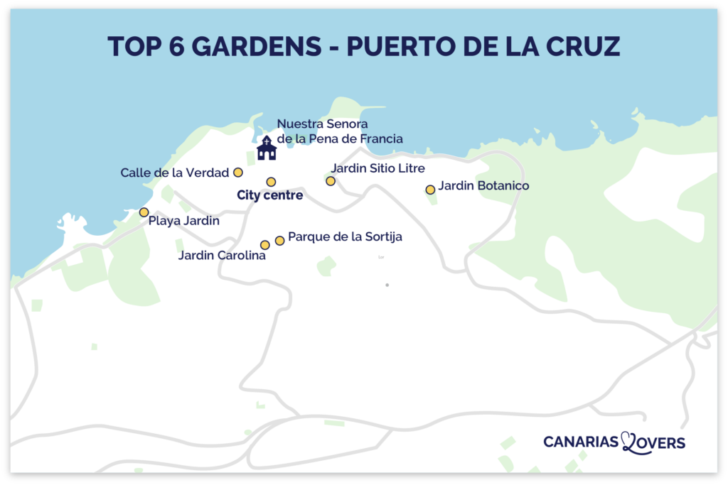 Map of the 6 most beautiful gardens in Puerto de la Cruz, Tenerife