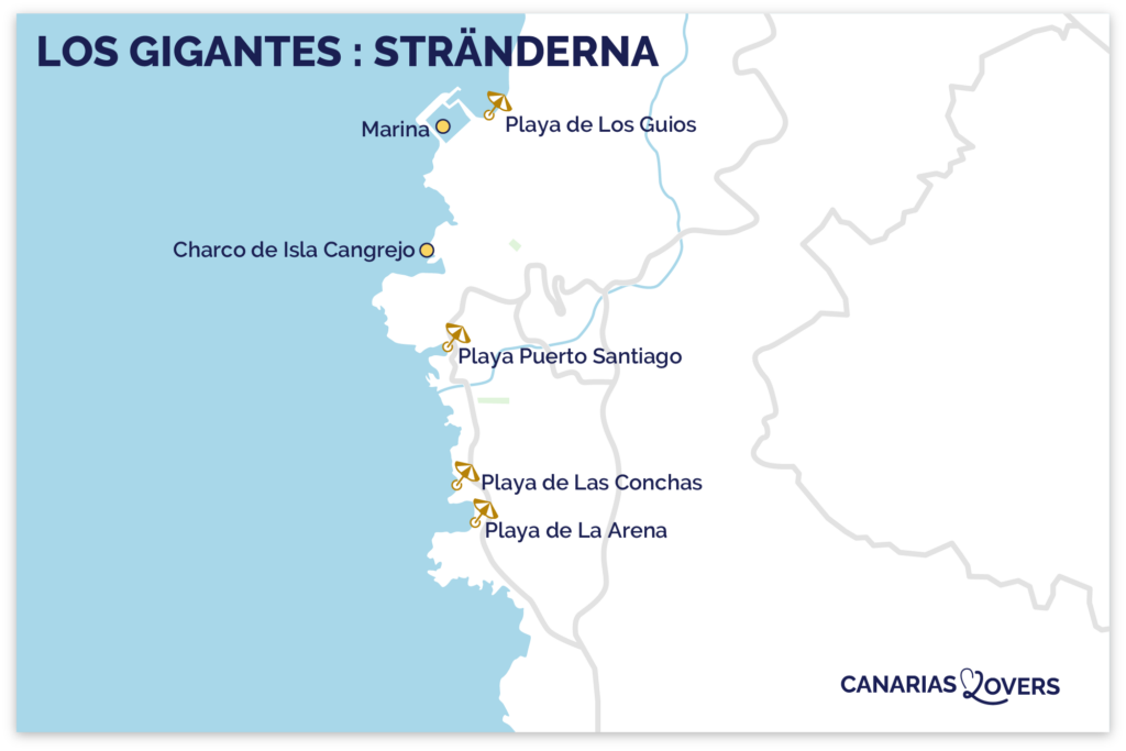 Karta över de bästa stränderna i Los GIgantes, Teneriffa